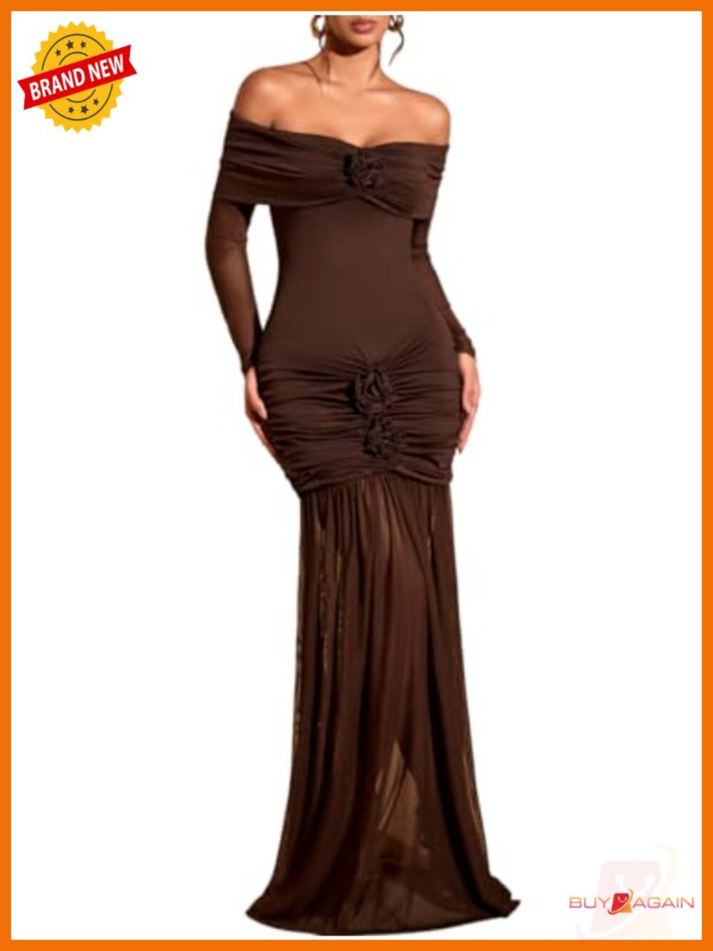 Off Shoulder 3D Floral Mermaid Maxi Dress Sheer Long Sleeve Ruched Formal Gown